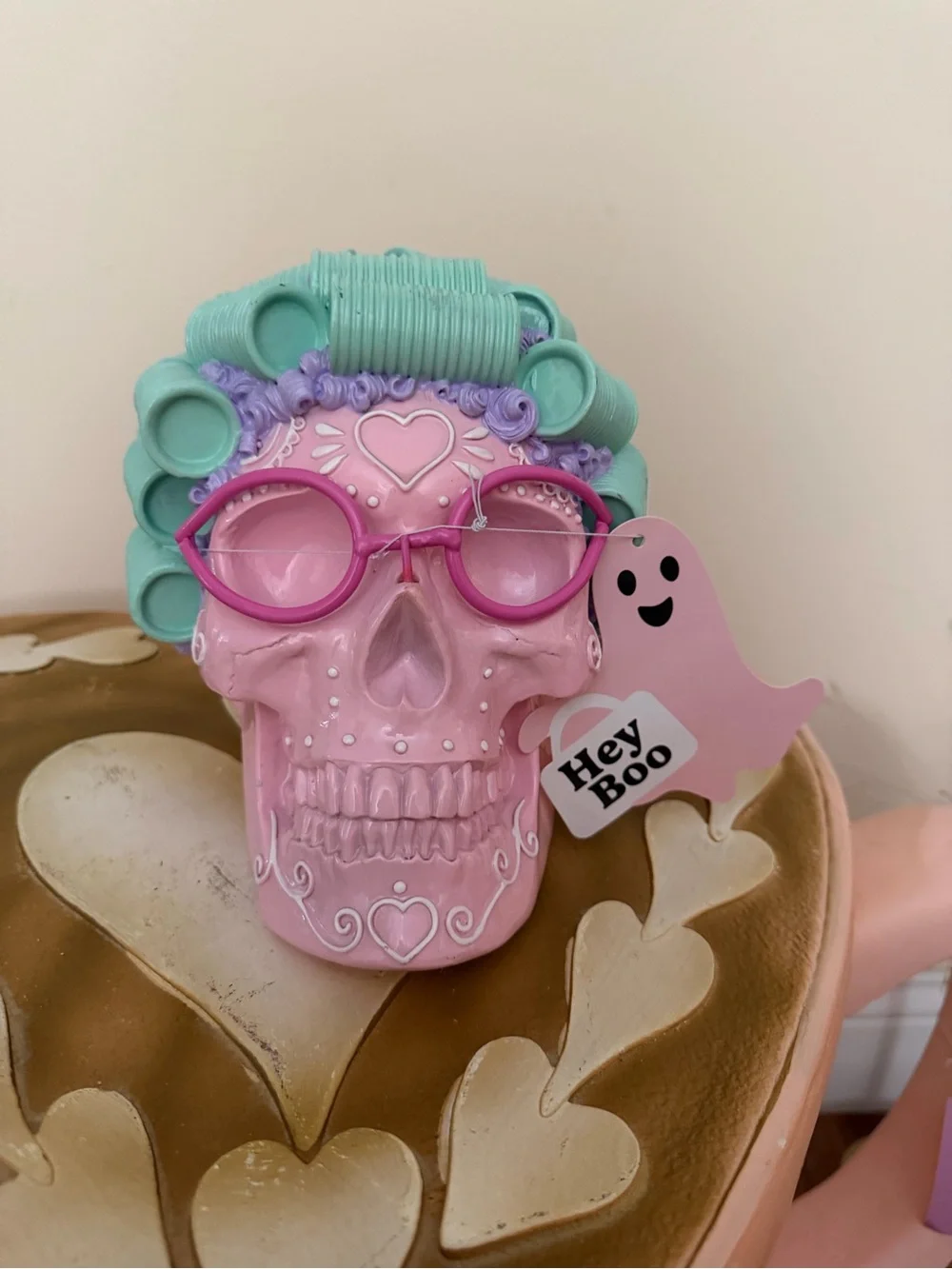 Hey Boo Resin Pastel Halloween Spa Sugar Skull with Curlers & Glasses